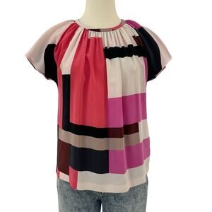 Kate Spade Silk Geometric Colorblock Short Sleeve Blouse Top Pink Multi | Size 4
